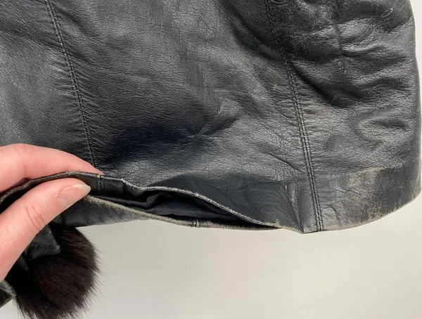 Vintage Leather Penny Lane Style Long Coat Black Real Fur Trim Womens Small - Image 10