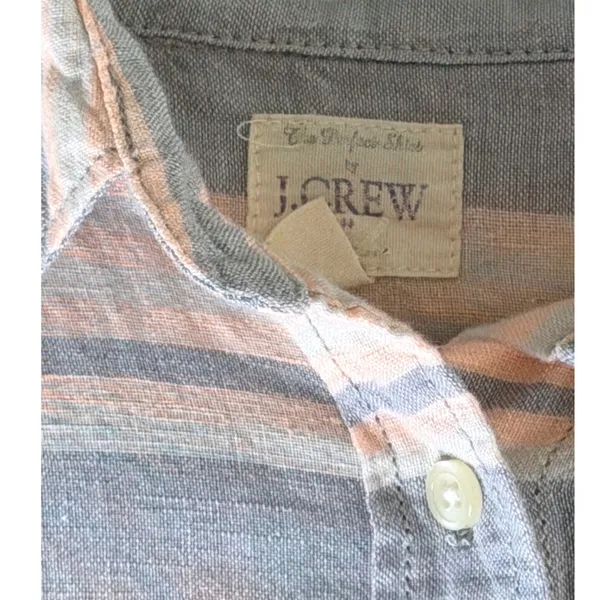 J Crew The Perfect Shirt‎ Linen Cotton Striped Button Down Pink Blue Medium - Image 4