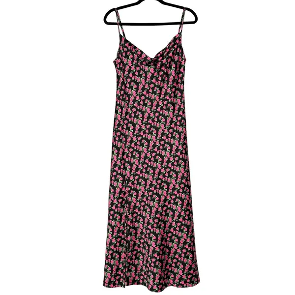 WAYF Floral Satin Slip Midi Dress Large‎ Black Side Slit Cowl Neck - Image 6