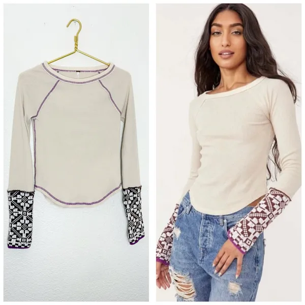 Free People She's Reversible Cuff Thermal Tee Oatmeal Size Small Bohemian - Image 2