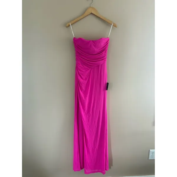 Lulus Epitome of Allure Hot Pink Mesh Strapless Ruched Maxi Dress Size Medium - Image 3