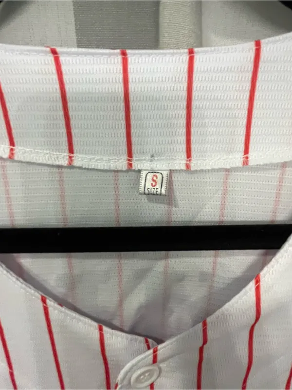 98’ Braves wallen 98White Button Baseball Jersey with Red Pinstripes - Image 2