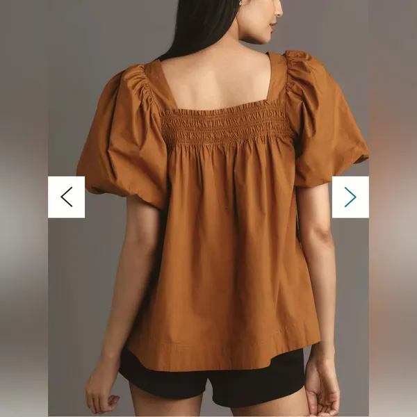 Maeve By Anthropologie Puff-Sleeve Smocked Blouse in Rust Orange, Size M, NWOT - Image 2