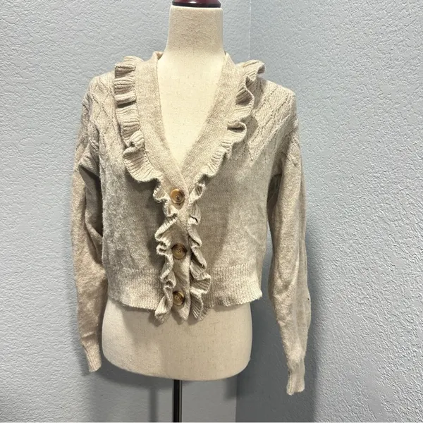 Industry L Cream Ruffle Cardigan Feminine Office Chic Quiet Luxury Sweater - Image 2