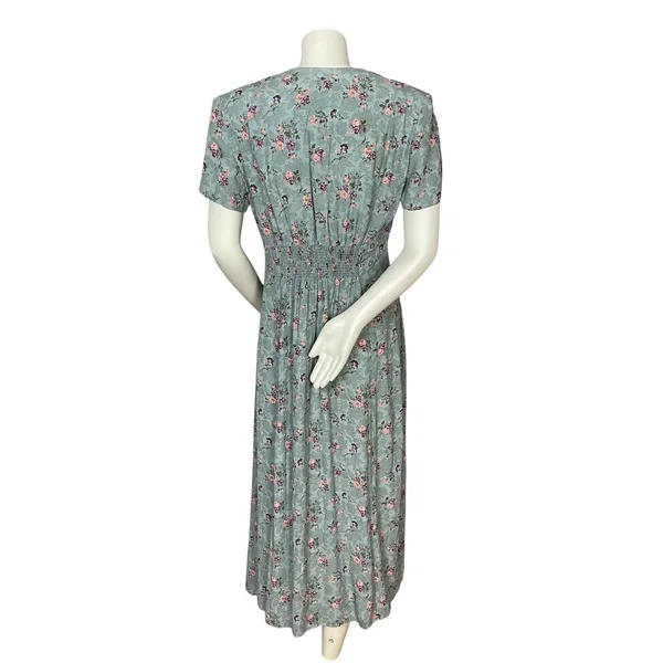 Vintage Floral Dress Shell Buttons Shirred Smocked Midi Cottagecore Summer Fall - Image 2