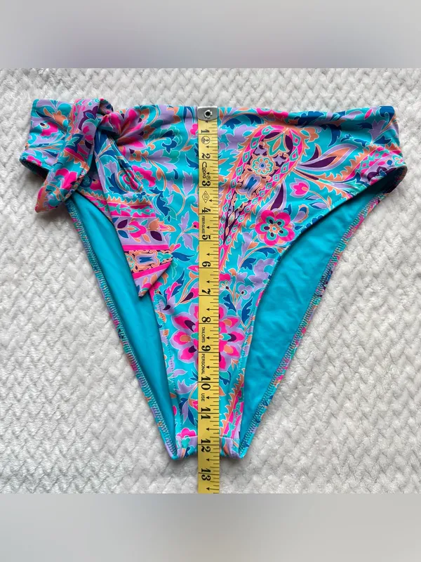 Frankie's Bikinis Scarf Bikini Bottom L Side Tie Blue Multicolor Paisley Hi Leg - Image 6