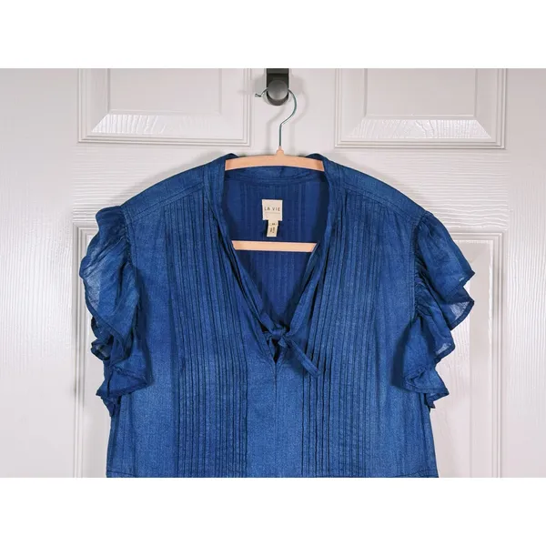 La Vie Rebecca Taylor Tiered Denim Dress Size XS Blue Boho Cottage Western - Image 5