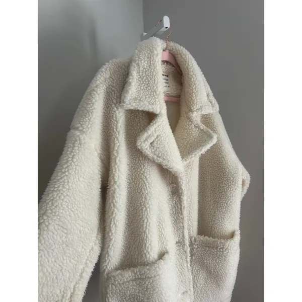 Garage Teddy Coat Cream Faux Sherpa Fleece Pea Coat Women’s Size M / L Cozycore - Image 4