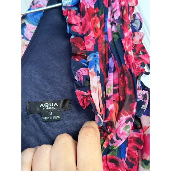 AQUA Formal Floral Ruffle Maxi Dress Pink Blue V-Neck‎ Sleeveless Size 0 NEW - Image 6