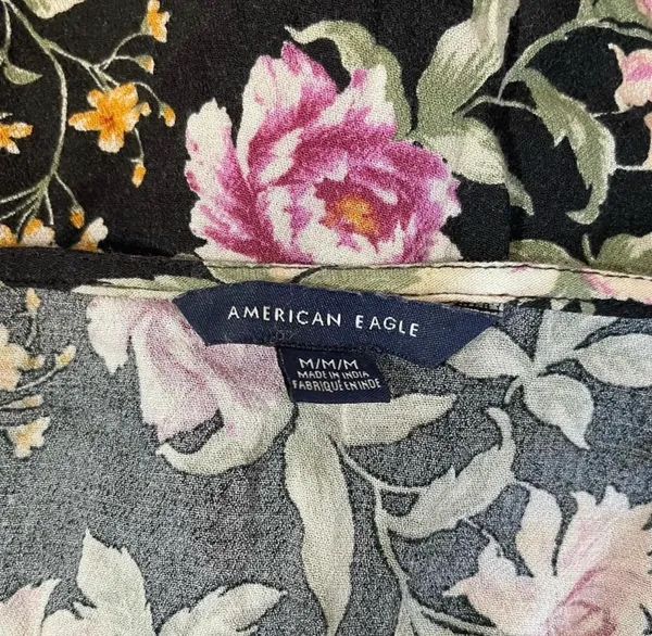 American Eagle Tie Front Floral Print Top Black Multi Ruffle Hem Peplum - Image 9