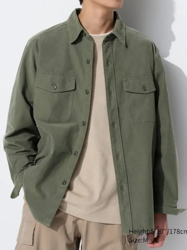 Uniqlo Unisex Jersey Oversized Shirt Jacket in Olive Green Streetwear Size M - Image 3
