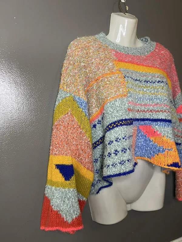 Sincerely Jules Sweater Womens Small Multicolor Patchwork Chunky Knit Cropped - Image 3