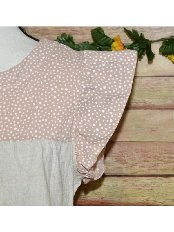 Entro Beige Pink Cap Sleeve Tiered Top Size S Striped Polka Dots Shabby Chic - Image 3