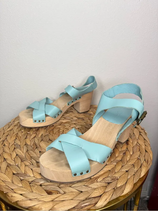 Loft Leather Platform Clog Sandals Buckle Strap Light Blue Criss cross strap - Image 3