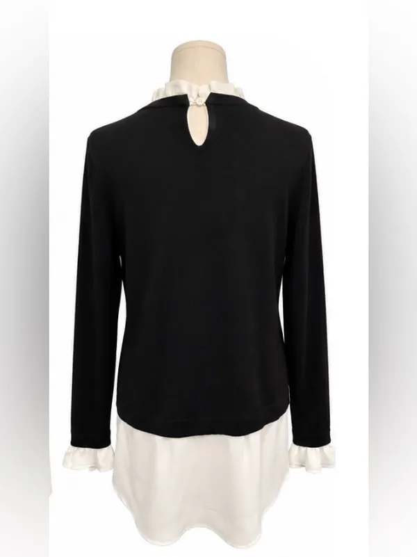 Adrianna Papell Layered Look Sweater Blouse Black White Size M Ruffle Collar - Image 3