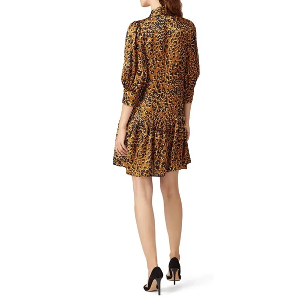 Hunter Bell New York Silk Leopard Print Tie Neck Drop Waist Mini‎ Dress XS Brown - Image 8