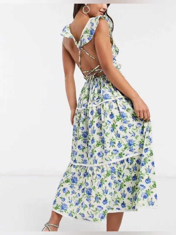 ASOS Design floral maxi dress ditsy eyelet broidery trim tiered ruffle open back - Image 4