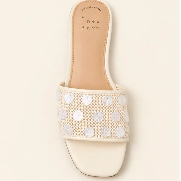 A New Day Elain Ivory Mesh Sequin Slide Sandals Square Toe Memory Foam 6.5 - Image 5