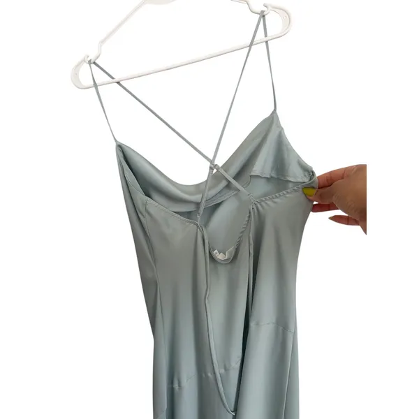 ASTR The Label Light Blue Satin‎ Cowl Neck Midi Slip Dress L Cross Back Slit - Image 5