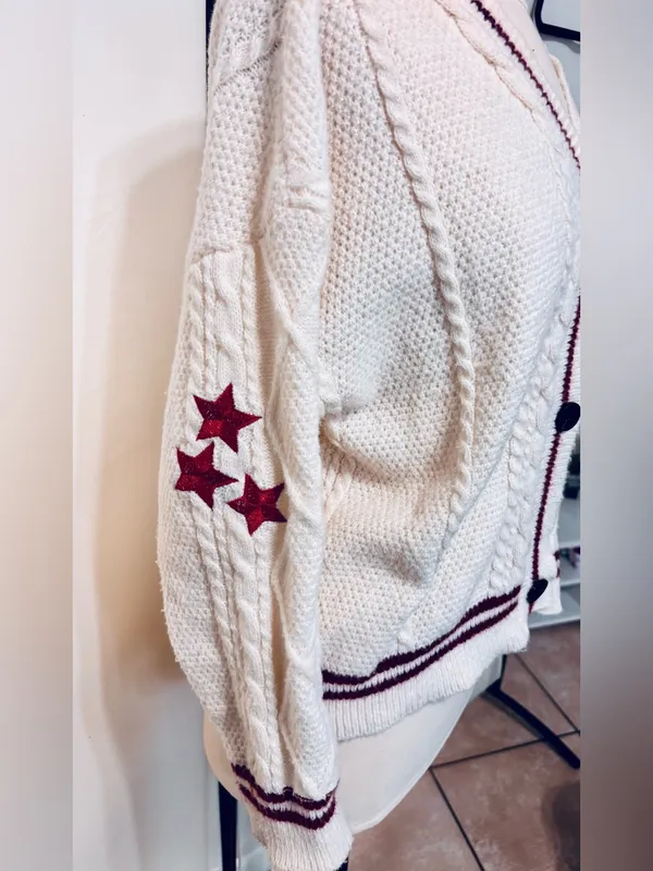 Taylor Swift Inspired Folklore Sweater Women Cardigan Small Cable Knit Stars red - Image 11