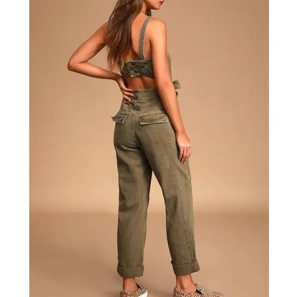 Free People FP Go West Olive Green Utility Cargo Denim Relaxed Leg Jumpsuit XS - Image 5