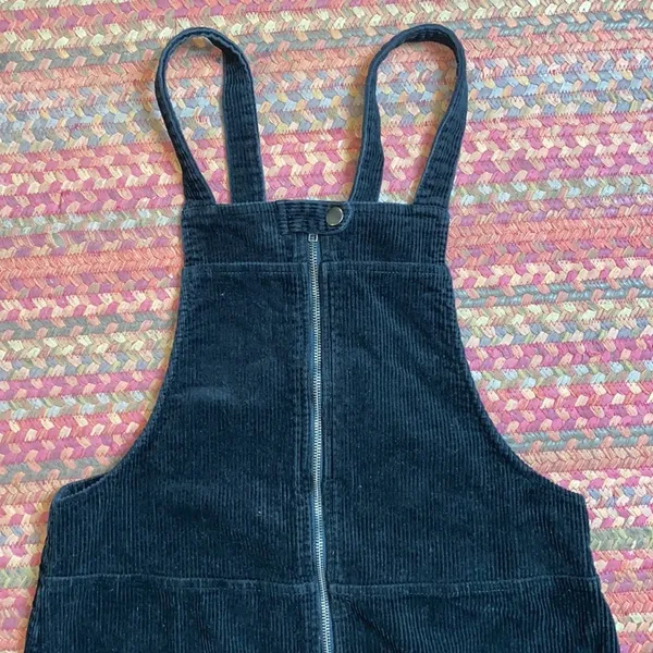 Black Corduroy Zip Front Overall Mini Dress - Image 2