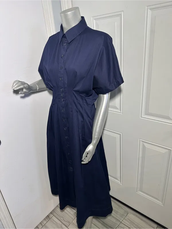 Quince Stretch Cotton Poplin Pleated Midi Shirt Dress Deep Navy Womens Size S - Image 3