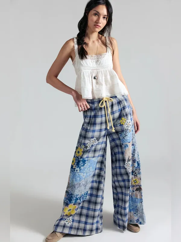 🆕Free People | Brooks Embroidered Wide-Leg Patchwork Pants | Sz: M | Ivory Combo - Image 5