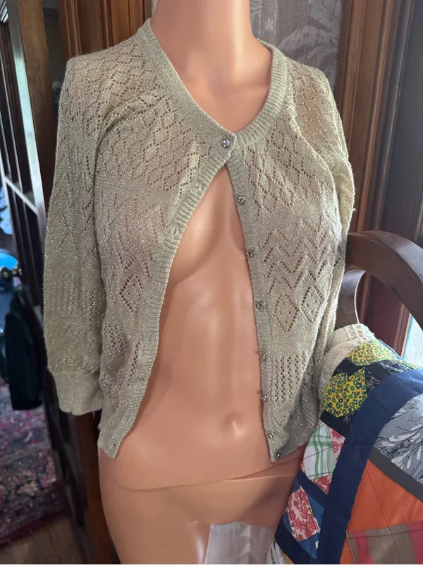 Vintage S Juniors Rampage Cardigan Metallic Gold Y2K Romantic Dianty Fairy Knit - Image 2
