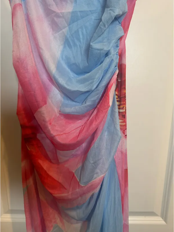 Women’s Blue & Pink Abstract Print Maxi Dress – Spaghetti Strap – Size M - Image 3