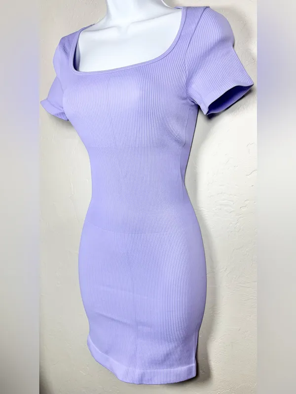 OQQ Lavender/Lilac Square Neck Ribbed Mini Bodycon Dress Size Small - Image 3