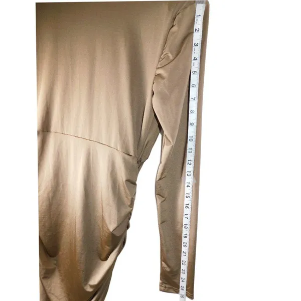SHEIN BAE Long Sleeve Ruched Deep‎ V Midi Dress – Size L – Tan/Khaki - Image 7