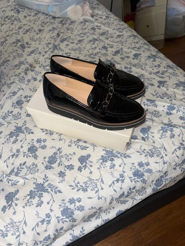 Alex Marie Black Patent Loafers with Silver Chain Trim size 8 - Image 2
