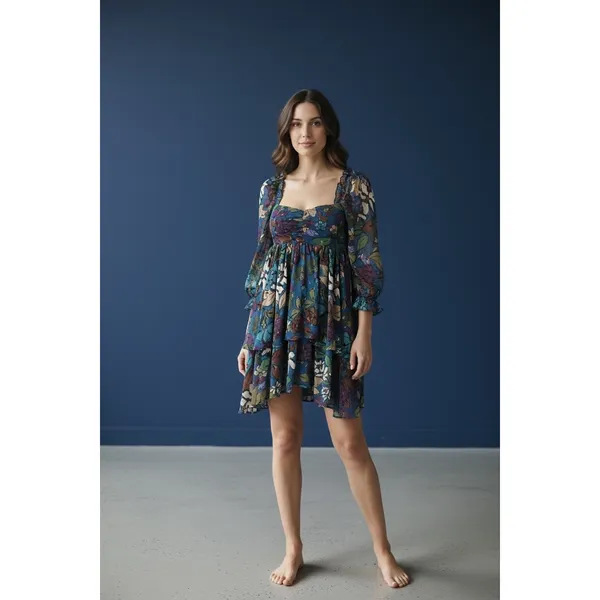 Meet‎ me in Santorini Floral Babydoll Dress Square Neck Tiered Ruffle Sleeve XS - Image 2