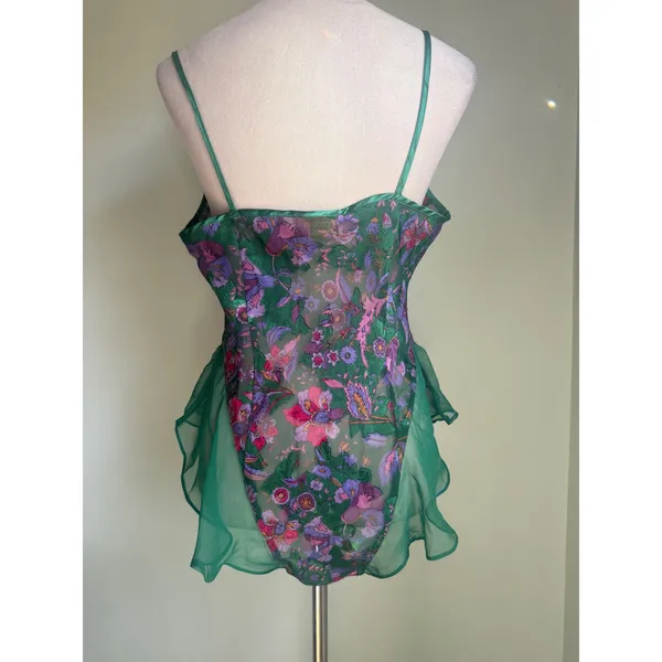 VTG Victorias Secret Gold Label Green Floral‎ Chiffon Bodysuit Medium 90s whimsi - Image 4