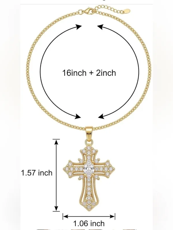 Gold Tone Cubic Zirconia Cross Charm Pendant Cable Chain Necklace 16" + 2" - Image 3