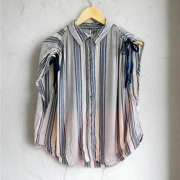 Free People Ombré Baby Blue Striped Button-Down Shirt with Tie Sleeves - Image 2
