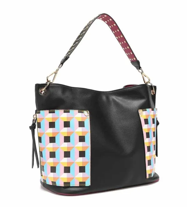 Nicole Lee Black and Pink checkered Handbag with studded strap - Image 2