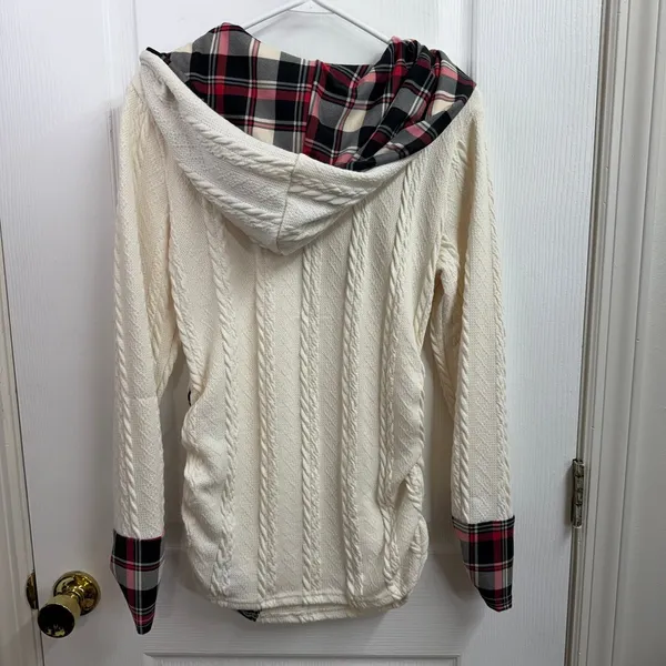 Women's cream cable knit plaid hooded long sleeve stretch soft knit‎ sweater M - Image 6