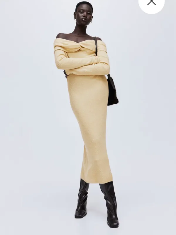 H&M | Fine Knit Off-Shoulder Twist Knit MIDI Dress in Pale Yellow XS - Image 2