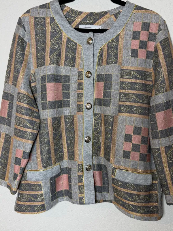 Vintage 80s Pablo Collection XL Metallic Patchwork Knit Jacket Made USA - Image 3
