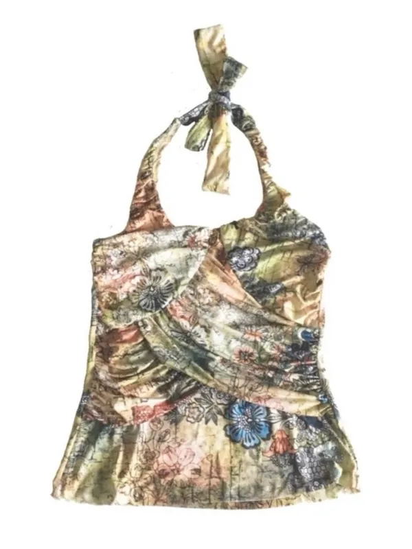 new Boho Chic ❤︎ Floral Watercolor Print Draped Halter Top ❤︎ Pin Up ❤︎ Large - Image 3