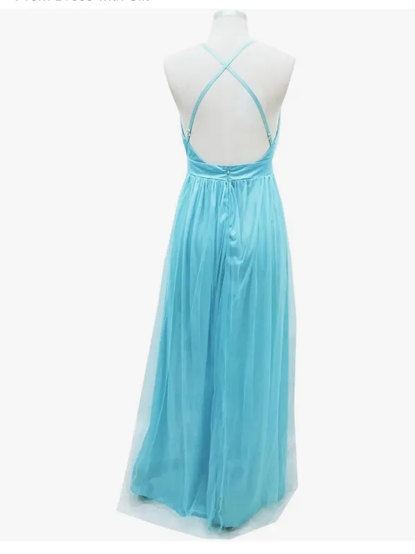 Long Tulle Evening Aqua V-Neck Halter Dress with Slit Bridesmaid Wedding - Image 4