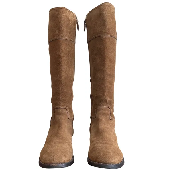 Tory Burch Wembley Suede Riding Boots Tan Tobacco Brown Gold Logo Size 8 - Image 2