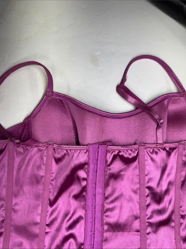 Victoria's Secret purple Pink Satin Chemise top corset Black Lace Crisscross L - Image 6
