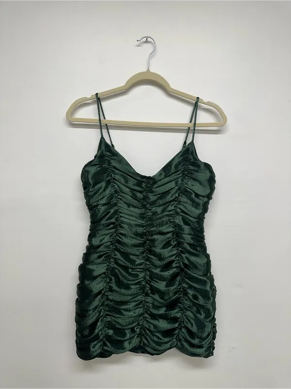Lucy in the Sky Satin Ruched Dress in Deep Green - Image 4
