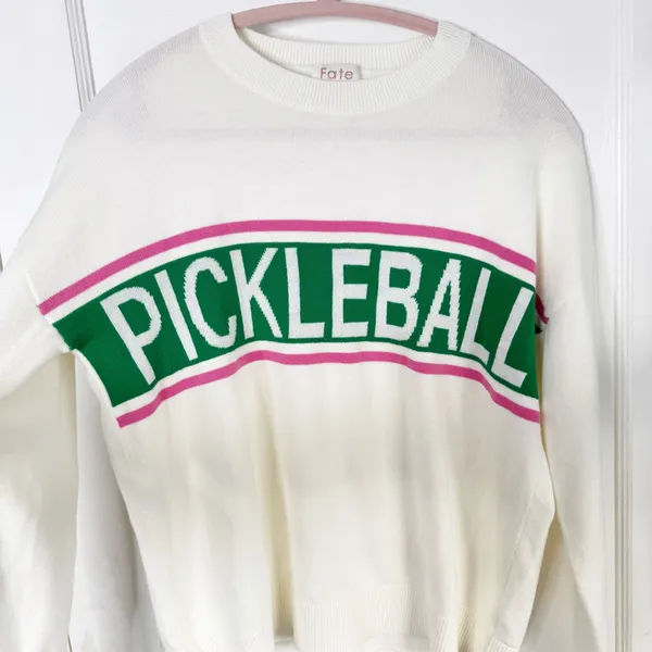 Fate Pickleball Spellout Crewneck Sweater Ivory Green Pink Lightweight Size S - Image 5