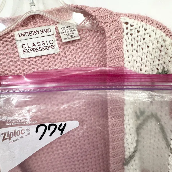 VTG Plus Size 20W Sweater Pink‎ Hand Knit Heart Fringe Cardigan Cottagecore 774 - Image 10