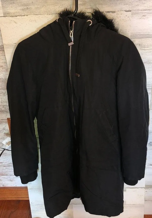 ZARA BASIC Outerwear long black jacket coat with fuzzy hood size small - Image 3