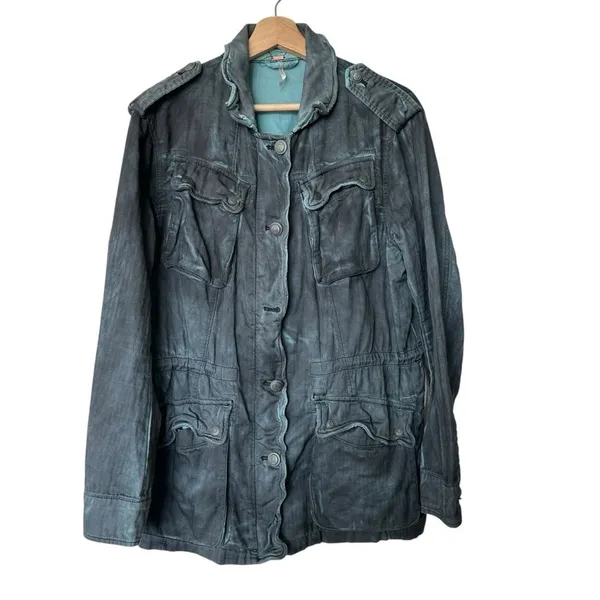 Free People Double Cloth Jacket Military Drawstring distressed tie dyed Size S - Image 2